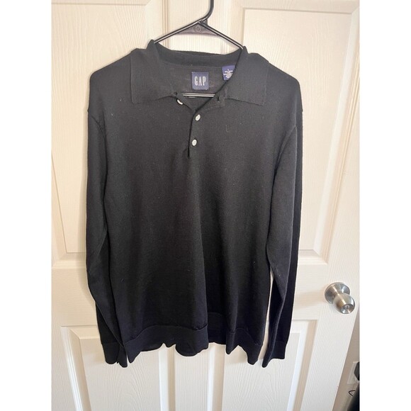 Gap 100% Merino Wool Mens Large Tall Black Long Sleeve Three Button Polo - Picture 1 of 7